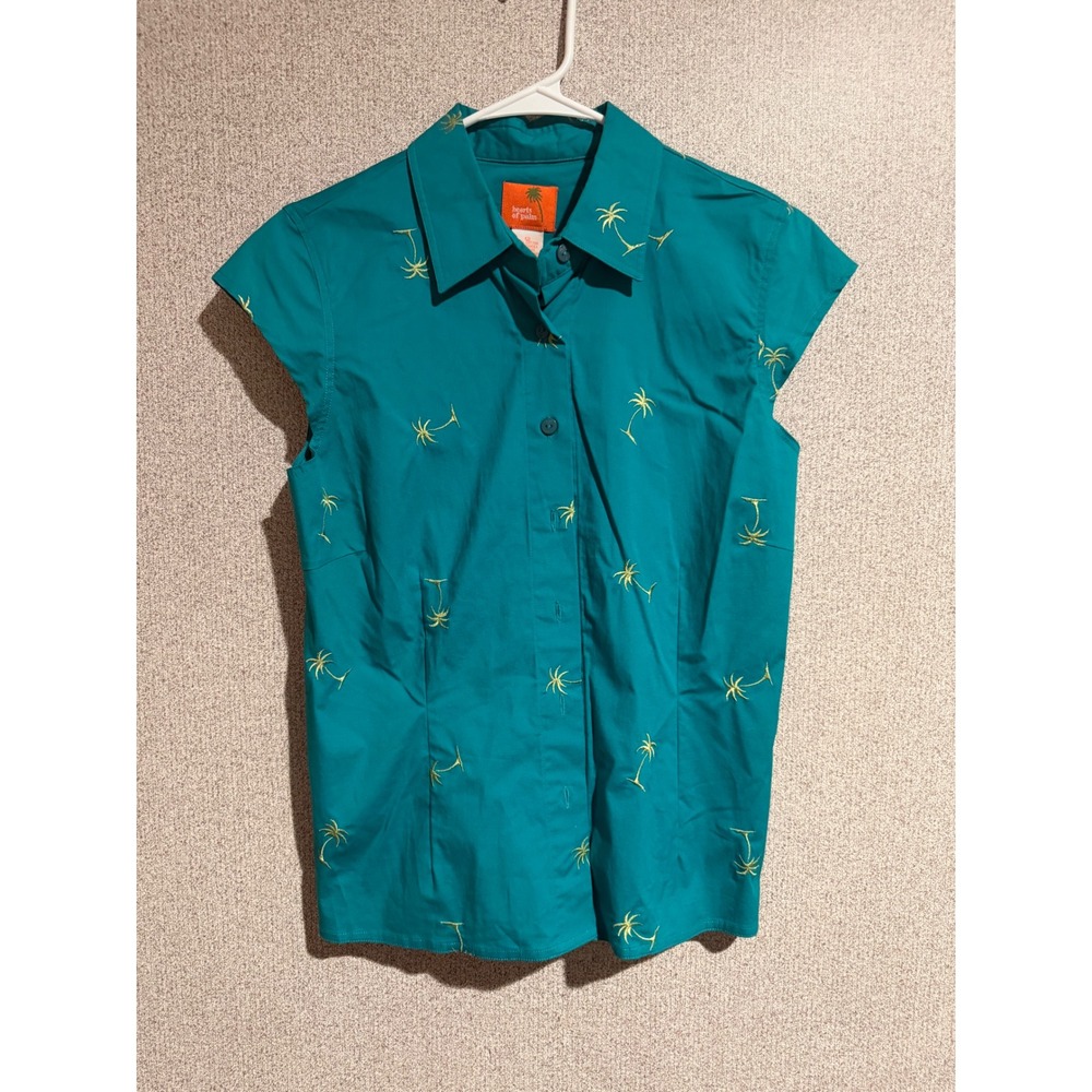 Hearts of Palm Teal‎ Palm Tree Embroidered Button Down Blouse Womens 12 Tropical